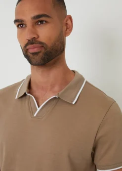Threadbare Taupe Cotton Trophy Neck Polo Shirt
