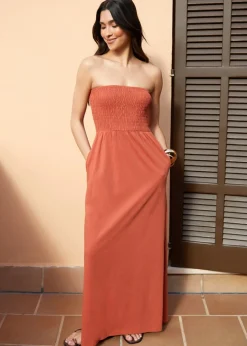 Threadbare Terracotta Cotton Jersey Bandeau Maxi Dress with Pockets