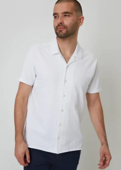 Threadbare White Cotton Pique Revere Collar Short Sleeve Shirt