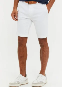 Threadbare White Cotton Turn-Up Chino Shorts with Woven Belt