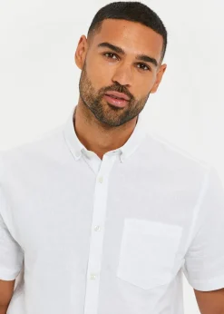 Threadbare White Dragon Cotton-Linen Blend Short-Sleeve Shirt