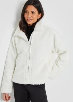 Threadbare White Funnel Neck Zip-Up Borg Fleece