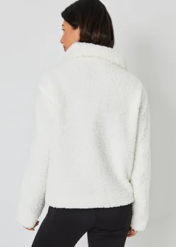 Threadbare White Funnel Neck Zip-Up Borg Fleece