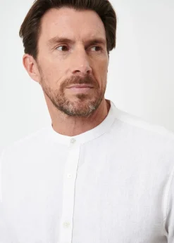 Threadbare White Grandad Collar Linen Blend Short Sleeve Shirt