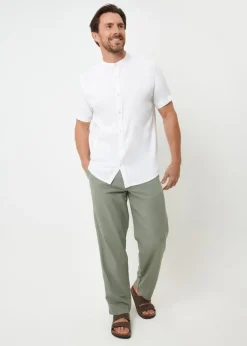 Threadbare White Grandad Collar Linen Blend Short Sleeve Shirt