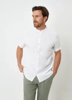 Threadbare White Grandad Collar Linen Blend Short Sleeve Shirt