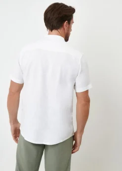 Threadbare White Grandad Collar Linen Blend Short Sleeve Shirt