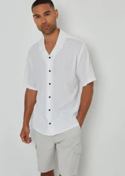 Threadbare White Kylian Linen Blend Revere Collar Short Sleeve Shirt