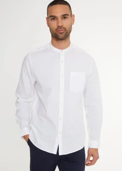 Threadbare White Linen Blend Long Sleeve Grandad Collar Shirt