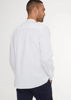 Threadbare White Linen Blend Long Sleeve Grandad Collar Shirt