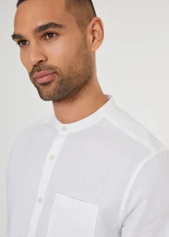 Threadbare White Linen Blend Long Sleeve Grandad Collar Shirt