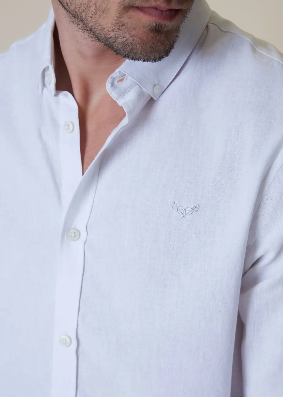 Threadbare White Slim Fit Linen Blend Long Sleeve Shirt
