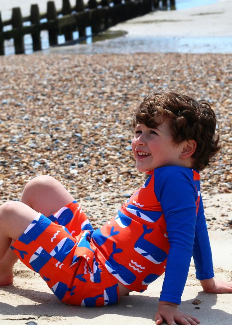 Toby Tiger Orange Whale Waves Print Kids Swim Shorts (2 years - 8 years)