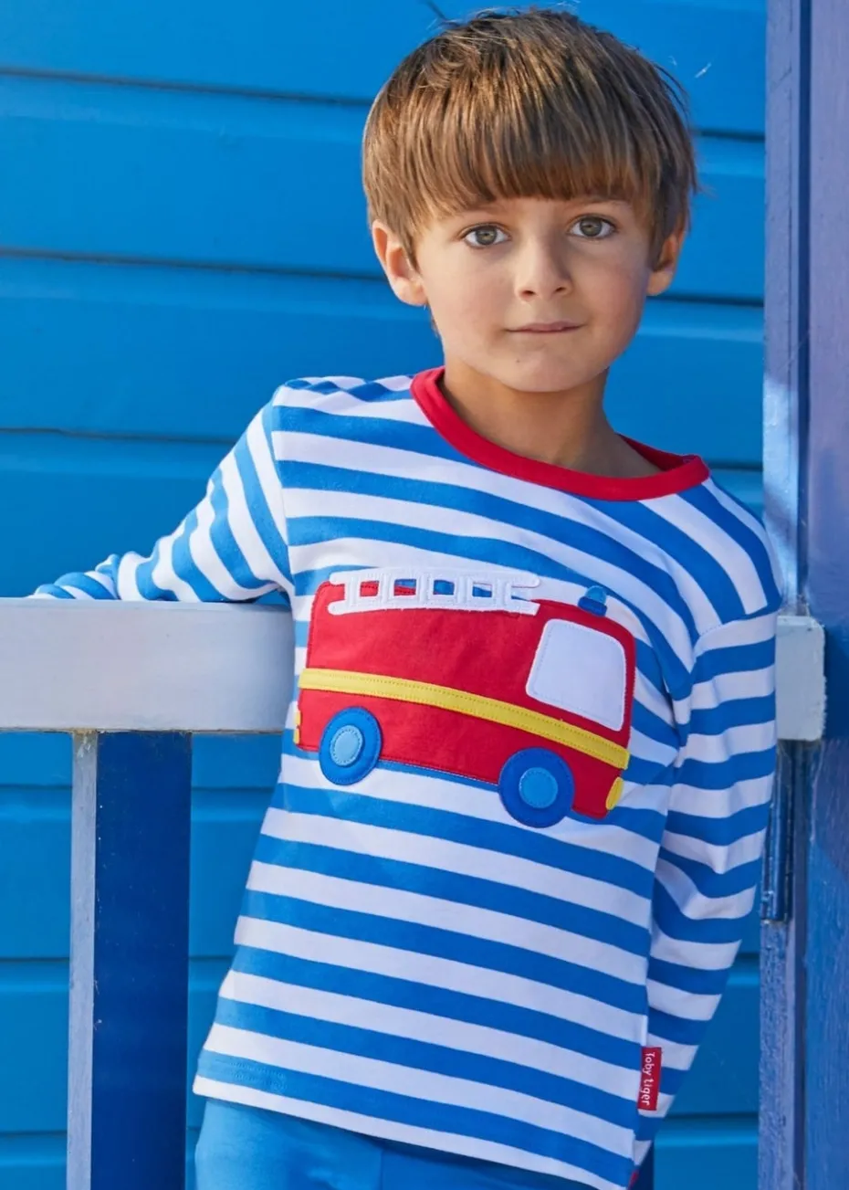 Toby Tiger Organic Blue Fire Engine Applique T-Shirt (6 months - 6 years)
