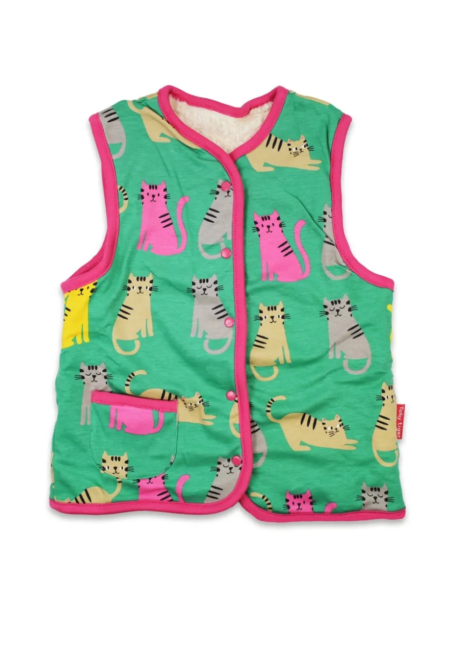 Toby Tiger Organic Green Kitten Print Reversible Gilet (12 months - 8 years)