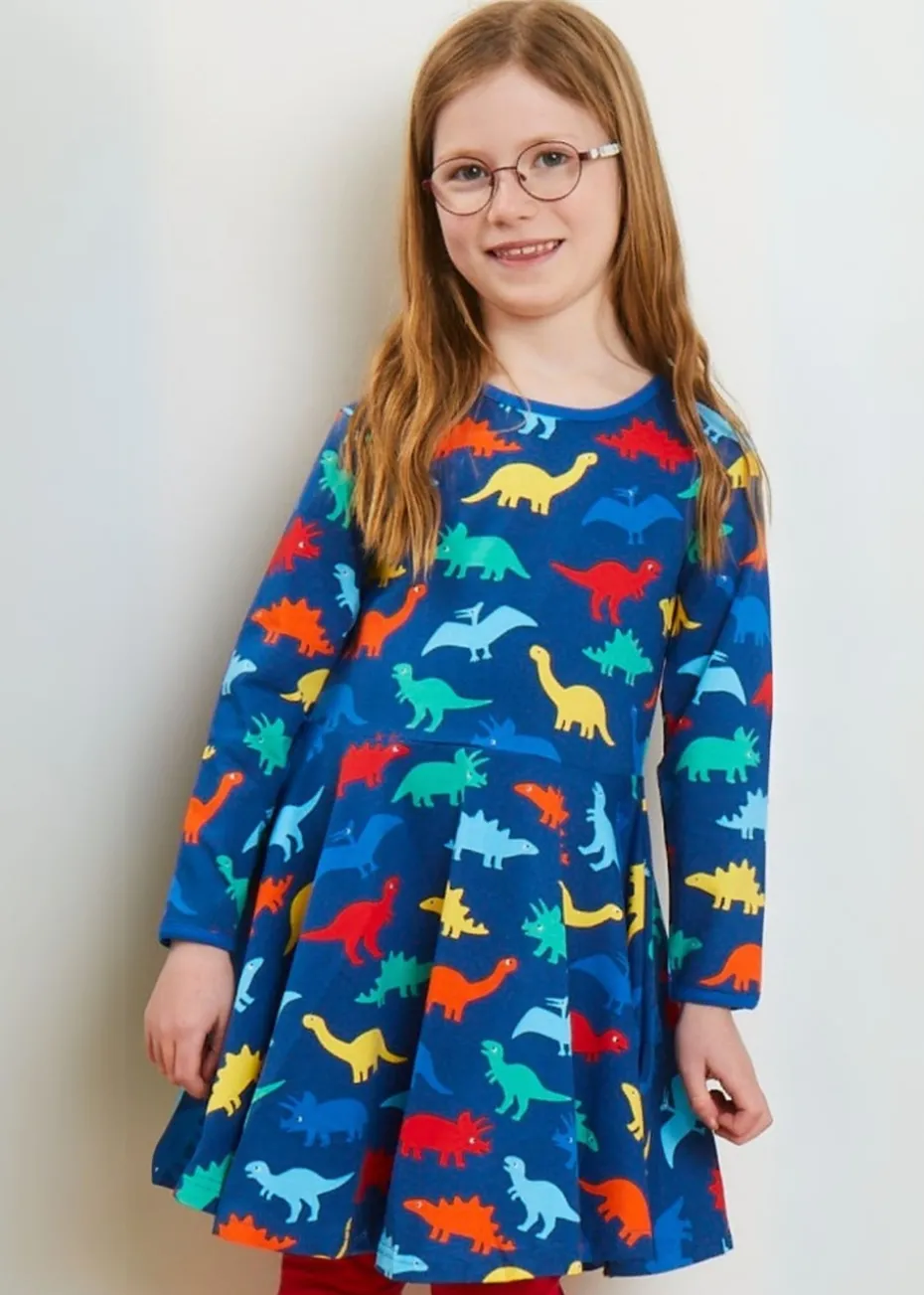 Toby Tiger Organic Multi Colour Rainbow Dinosaur Print Skater Dress (12 months - 8 years)