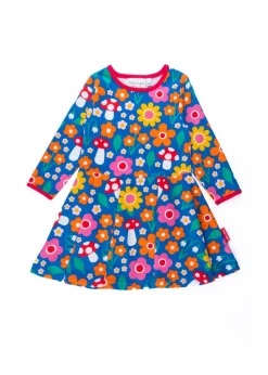 Toby Tiger Organic Multi Colour Floral Mushroom Print Long-Sleeved Skater Dress (12  months - 8 years)