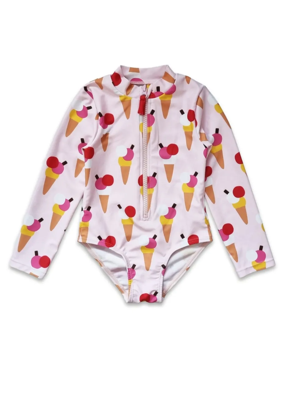 Toby Tiger Pink Ice Cream Print Kids Sleeved Swimsuit (2 years - 8 years)