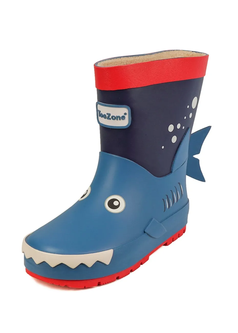 ToeZone Boys Blue Rico Novelty Shark Rain Boot (Younger 6- Older 12)