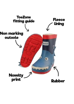 ToeZone Boys Blue Rico Novelty Shark Rain Boot (Younger 6- Older 12)