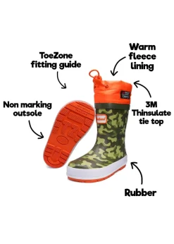 ToeZone Boys Orange Enzo Camo Tie Top Wellies (Younger 6- Older 12)
