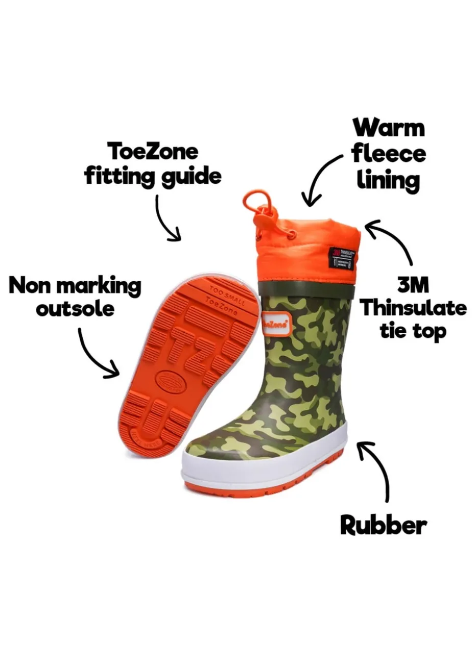 ToeZone Boys Orange Enzo Camo Tie Top Wellies (Younger 6- Older 12)