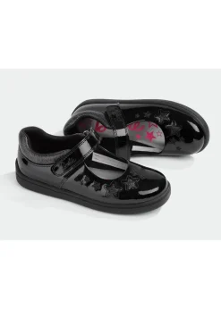 ToeZone Girls Black Barbie Patent Rip Tape School Shoe