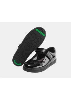 ToeZone Girls Black Barbie Patent Rip Tape School Shoe