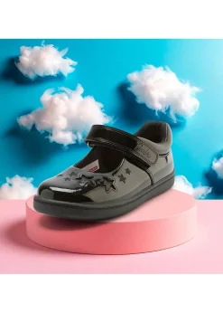 ToeZone Girls Black Barbie Patent Rip Tape School Shoe