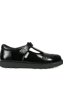 ToeZone Girls Black Flo Patent Leather Rip Tape Flower School Shoe (Younger 6 - 13)