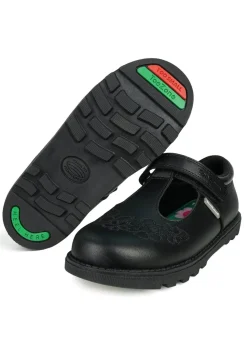 ToeZone Girls Black Kat Coated Leather Rip Tape Flower School Shoe (Younger 6 - 13)