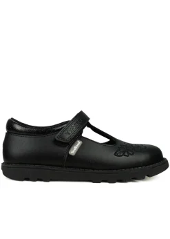 ToeZone Girls Black Kat Coated Leather Rip Tape Flower School Shoe (Younger 6 - 13)