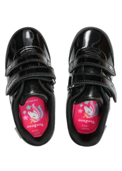 ToeZone Girls Black Lia Patent Coated Leather Unicorn School Shoe (Younger 8 - Older 2)