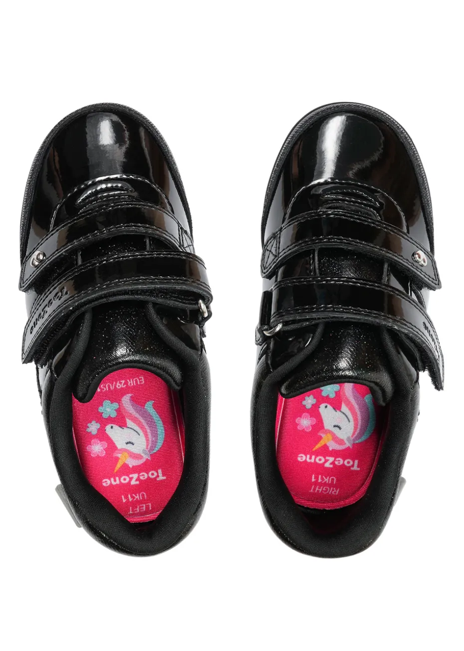 ToeZone Girls Black Lia Patent Coated Leather Unicorn School Shoe (Younger 8 - Older 2)