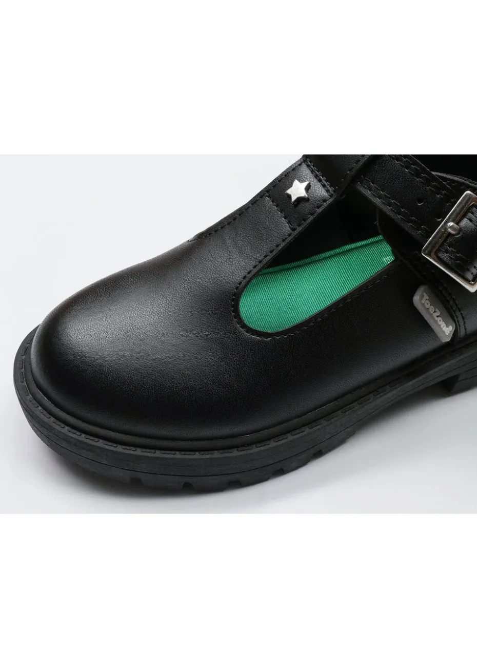 ToeZone Girls Black Mila Vegan Star Buckle School Shoe