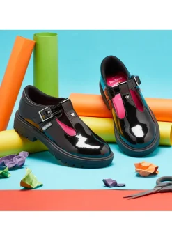 ToeZone Girls Black Olivia Patent Star Buckle School Shoe
