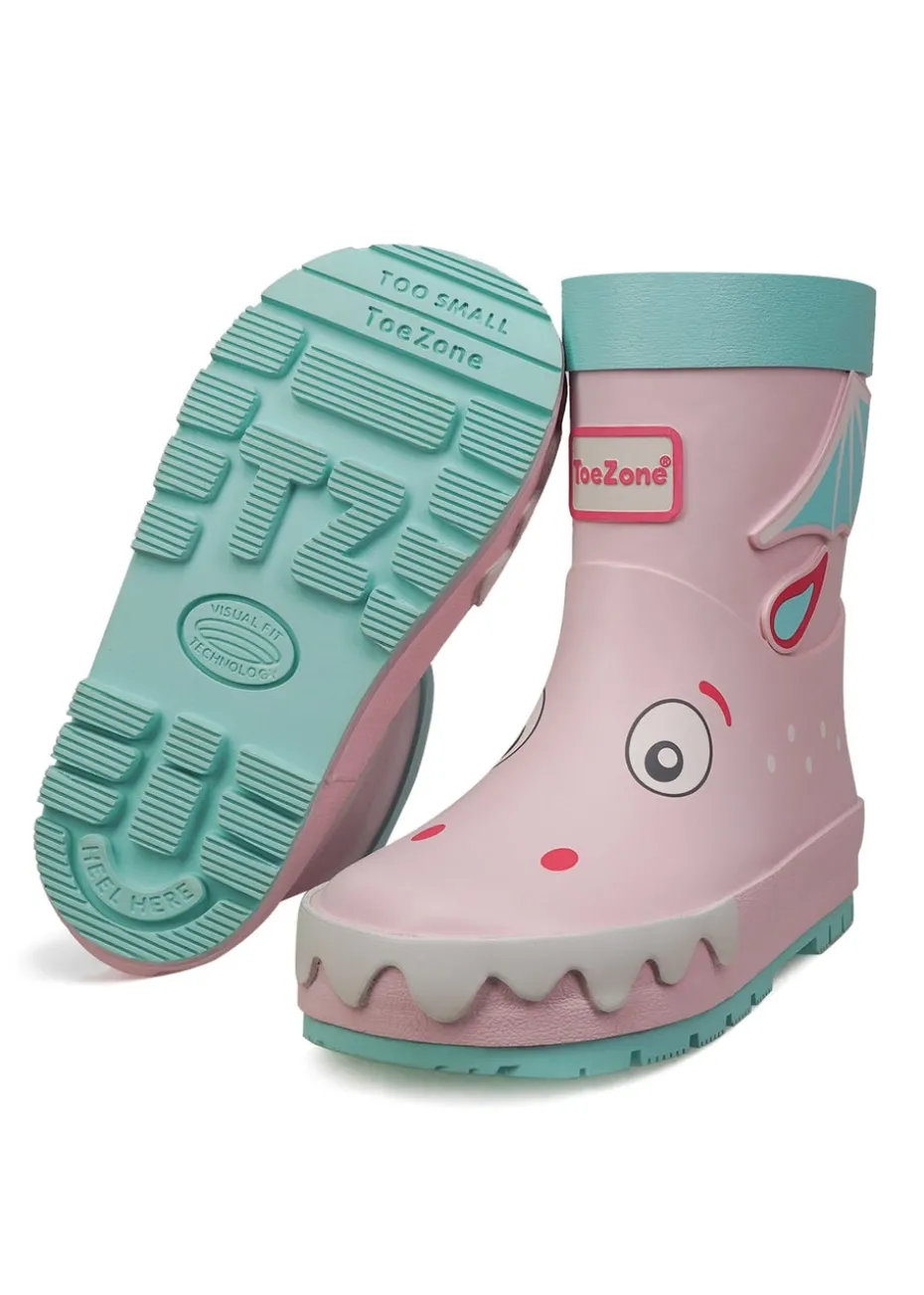 ToeZone Girls Pink Grace Novelty Dragon Rain Boot (Younger 6- Older 12)
