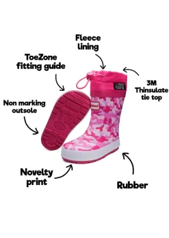 ToeZone Girls Pink Lucy Camo Tie Top Wellies (Younger 6-Older 12)