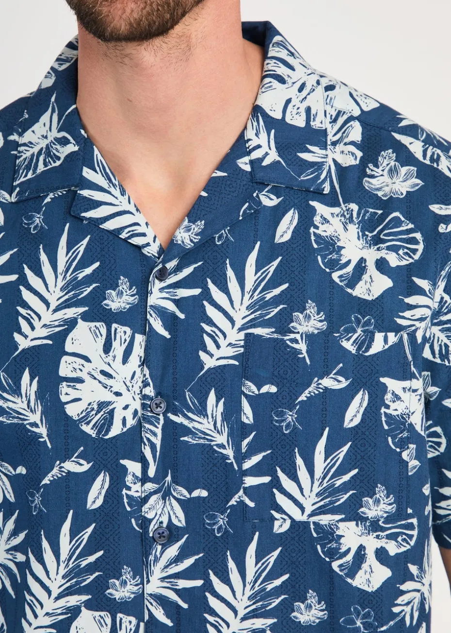 Tokyo Laundry Blue Cotton Printed Poplin Short Sleeve Shirt