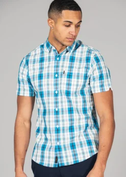 Tokyo Laundry Blue Cotton Short Sleeve Button-Up Checked Shirt