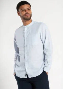 Tokyo Laundry Blue Linen Blend Button Up Shirt With Grandad Collar