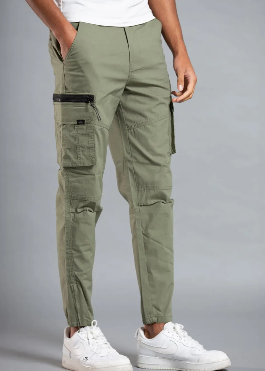 Tokyo Laundry Khaki Cotton Blend Cargo Trousers with Zipped Hems