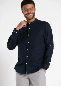 Tokyo Laundry Navy Linen Blend Button Up Shirt With Grandad Collar