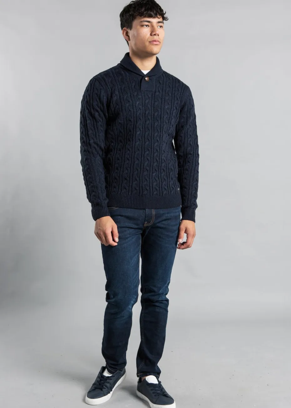 Tokyo Laundry Navy Shawl Neck Cable Knit Jumper