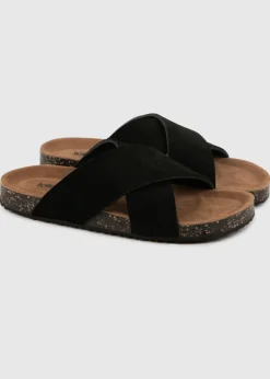 Totes Black Suede Cross Strap Sandal