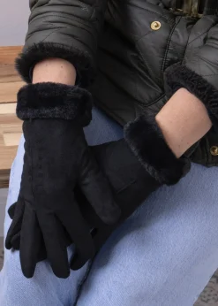 Totes Isotoner Black One Point Faux Suede Glove with Faux Fur Cuff Detail