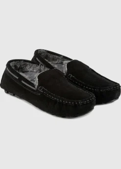 Totes Isotoner Black Real Suede With Closed Stitch Moccasin Slipper