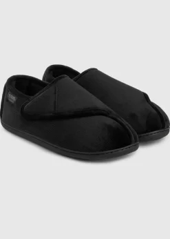 Totes Isotoner Black Velour Closed Back Slipper With Velcro Opening