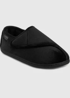 Totes Isotoner Black Velour Closed Back Slipper With Velcro Opening