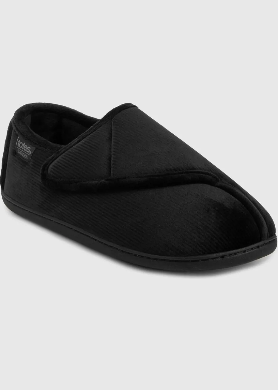 Totes Isotoner Black Velour Closed Back Slipper With Velcro Opening